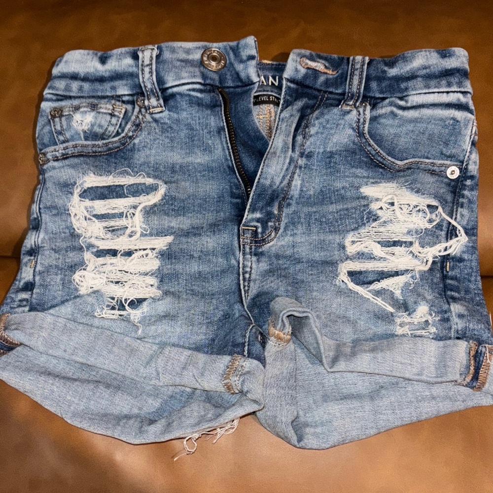 American Eagle Outfitters High Waist Distressed Denim Shorts - Blue